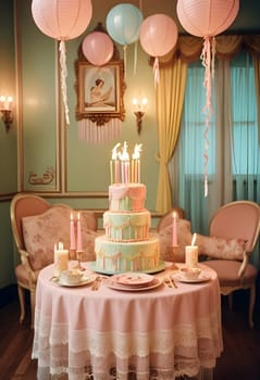 AI generated of a pink and white birthday cake sits on a table with candles on a vintage background