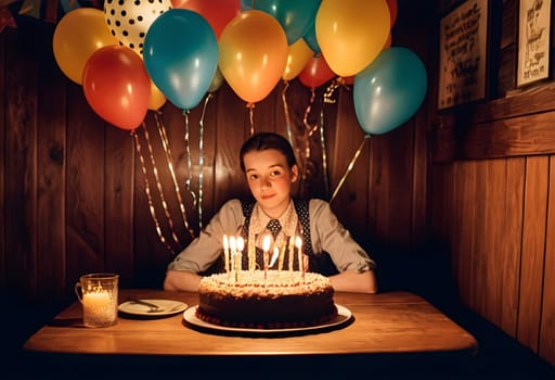 AI generated of a woman sitting at a table with balloons and a cake