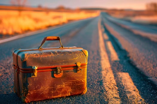 Suitcase on a deserted road, adventure and travel concept. AI generated