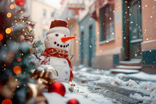 Christmas background. Merry Christmas and Happy New Year concept with Snowman standing on the street of winter town. AI generated