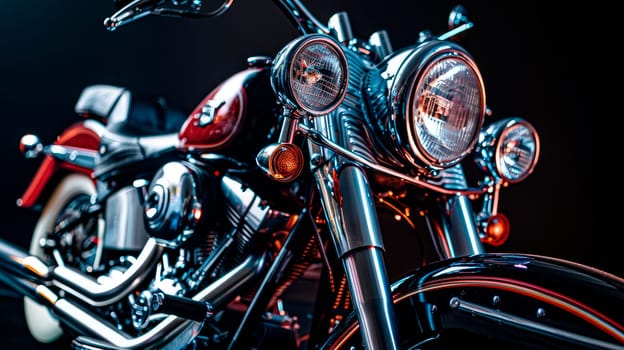 Retro motorcycle on a dark background, close-up view. AI generated