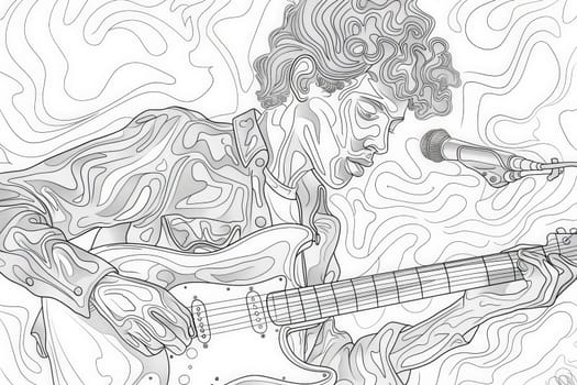 A detailed drawing of a man passionately playing the guitar, lost in the music, surrounded by a serene aura.