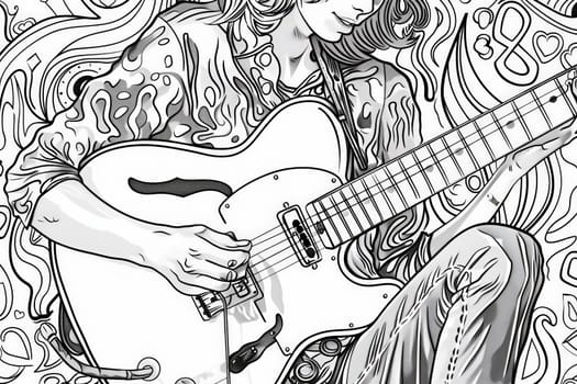 A tranquil artist lost in the rhythm of her guitar amidst swirling patterns.