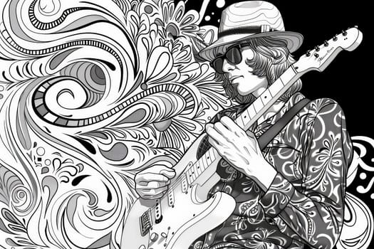 A stylish guitarist immersed in a sea of intricate floral patterns, evoking a sense of creative harmony.