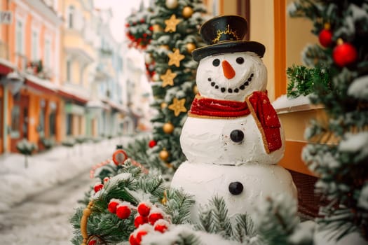 Christmas background. Merry Christmas and Happy New Year concept with Snowman standing on the street of winter town. AI generated