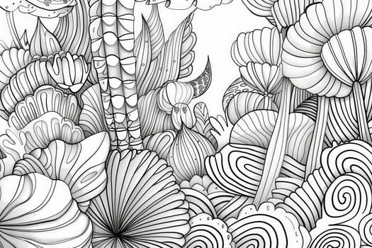 A detailed Zentangle-style sketch of a vibrant garden scene, teeming with various plants.