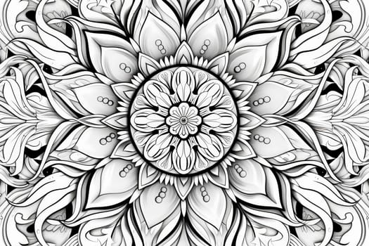A black and white lotus mandala with bold outlines invites artistic interpretation.