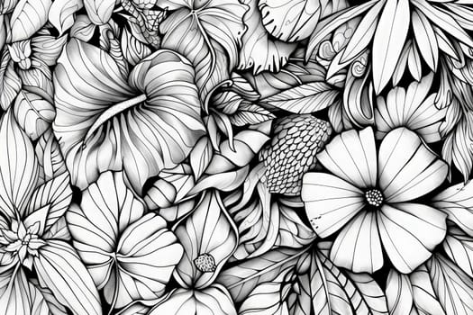 Intricately designed black and white flowers bloom in a harmonious display on the page.