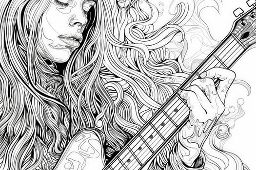 A woman with long flowing hair strums a guitar with grace and passion, lost in the music she creates.