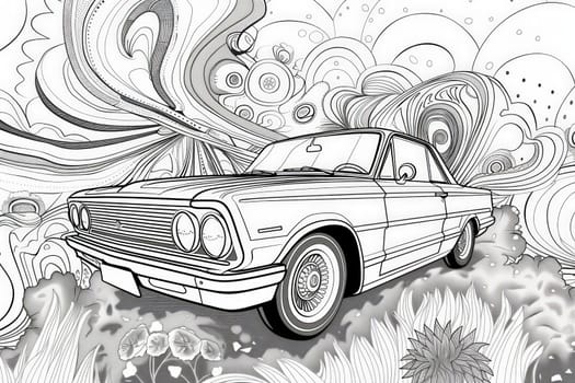 A black and white drawing of a classic car, featuring low detail and thick lines in an artistic style.
