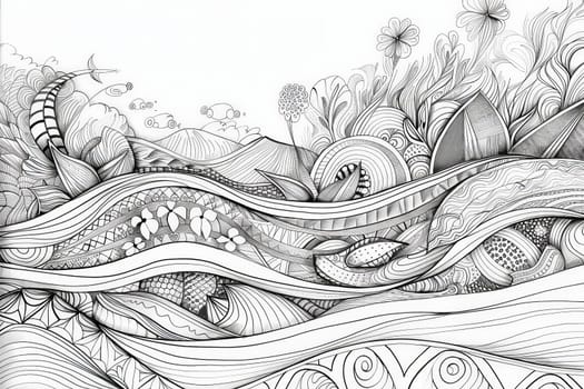 Black and white drawing featuring flowing waves intertwining with delicate flowers, creating a harmonious and tranquil scene.