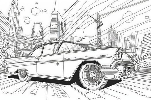 A classic car drives amidst towering cityscapes, under sweeping clouds.