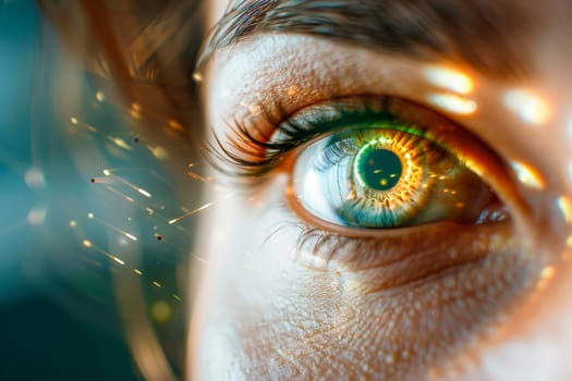 Eye in an high tech environment. Close up of woman eye in process of scanning. AI generated