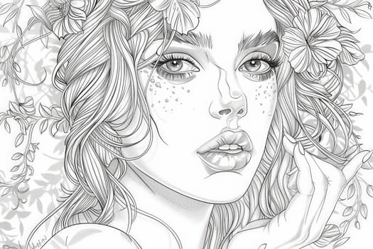 A girl with flowers adorning her head in a detailed coloring page designed for adults by aihrgdesign.