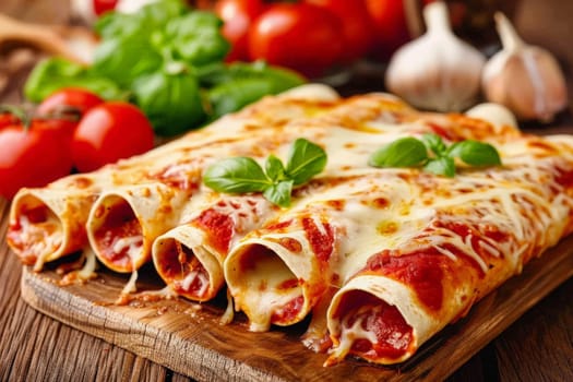 A tantalizing dish of cheesy enchiladas garnished with basil, surrounded by tomatoes and garlic.