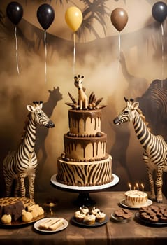 AI generated of a cake with two zebras on it and a girraffe on the top of cake with birthday party decorations