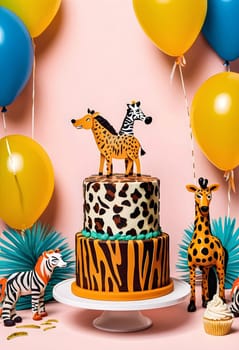 AI generated of a cake with a zebra and giraffe on top, surrounded by birthday party decorations with jungle theme and balloons