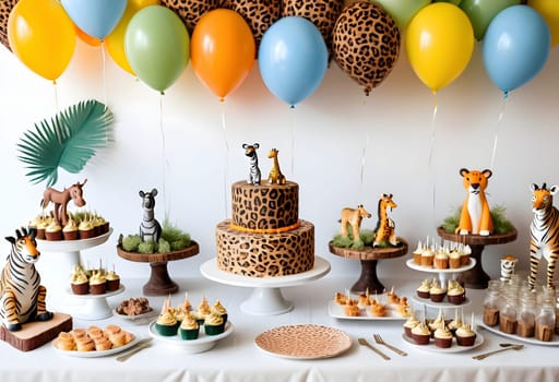 AI generated of a jungle themed birthday party with balloons and cake