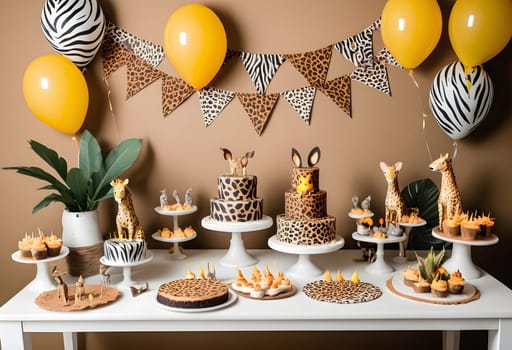 AI generated of a table with a jungle theme with a cake, cupcakes and balloons