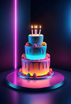 AI generated of photo of a birthday cake with neon lights