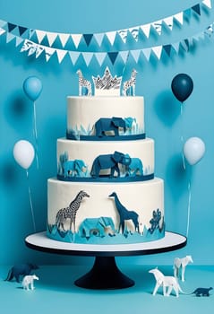 AI generated of a cake with wildlife animals concept theme on it and balloons