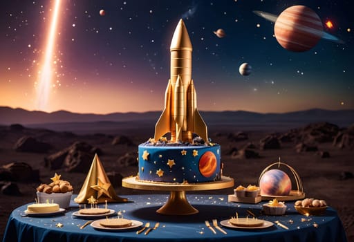 AI generated of a birthday cake with a space ship on the top of it