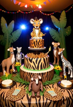 AI generated of a cake decorated with wildlife animals and a jungle theme
