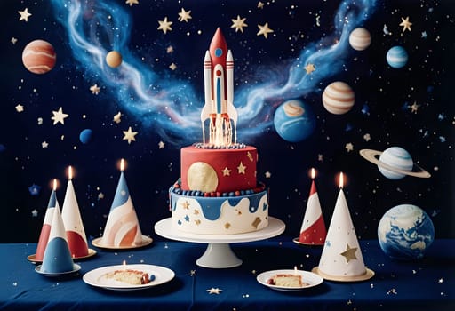AI generated of a birthday cake with a rocket on it and space themed decorations