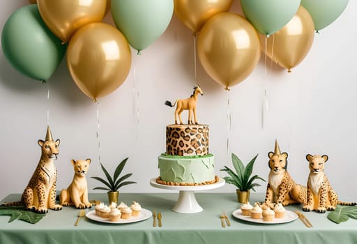 AI generated of a jungle themed birthday party with gold balloons and a leopard cake