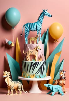 AI generated of a cake with paper animals and paper birthday decorations on it with balloons