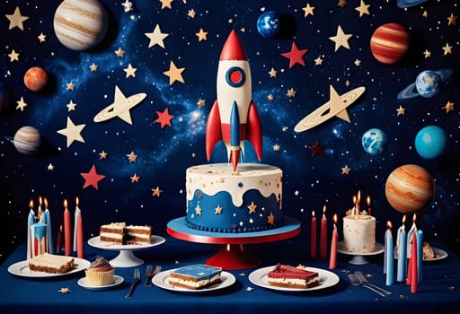 AI generated of a birthday cake with a rocket on top and space themed decorations