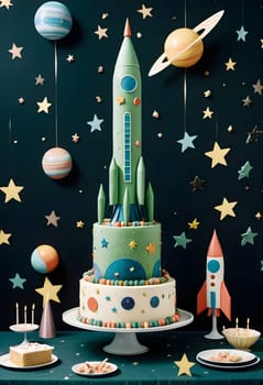 AI generated of a birthday cake with a rocket on top and a space theme decorations