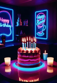 AI generated of a birthday cake with lit candles and a sign that says happy birthday