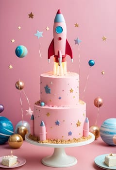 AI generated of a pink birthday cake with a rocket on the top of it