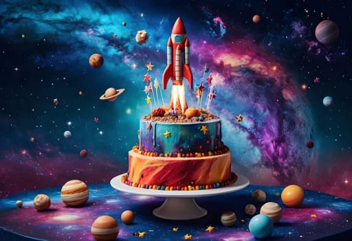 AI generated of a birthday cake themed with a space shuttle is flying in space with planets
