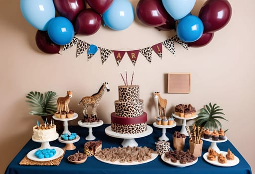 AI generated of a table with a dessert buffet, birthday cake, birhtday decorations and balloons