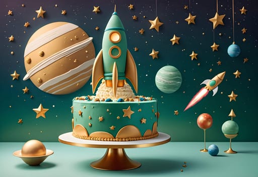 AI generated of a birthday cake with a rocket on top, stars and planets around it