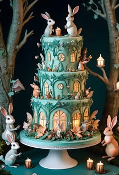 AI generated of a birthday cake with bunnies and trees on it