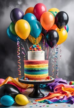 AI generated of a birthday cake with a rainbow colored frosting and balloons