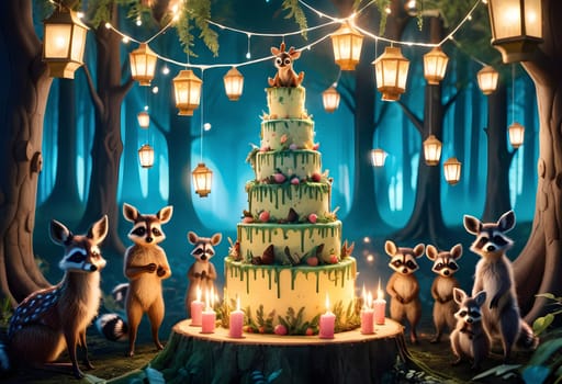 AI generated of a display of birthday cards with fox arround it on the echanted forest background