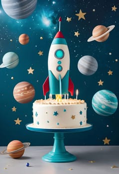 AI generated of a birthday cake with a space ship on the top of it and galatic background theme