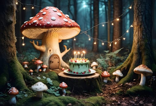 AI generated of a birthday cake with candles and a mushroom in the woods