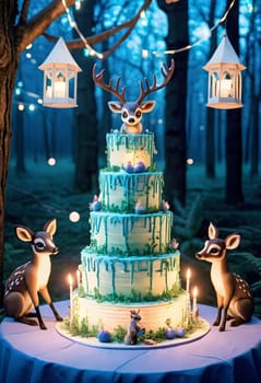AI generated of a cake with deers and a deer statue on top in the enchanted forest