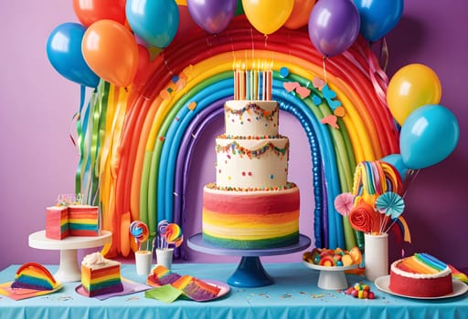 AI generated of a rainbow cake with balloons and a rainbow arch decoration in the background