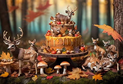 AI generated of a cake with deer and other animals on it