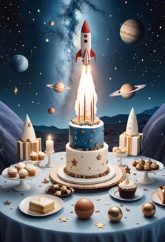 AI generated of a birthday cake with a space ship is flying in the sky with a rocket on it