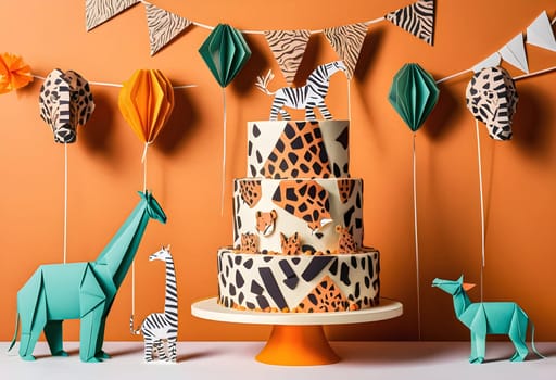 AI generated of a cake with a tiger pattern ornates on it and birthday decoration