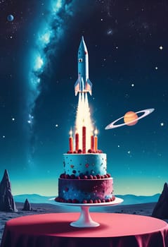 AI generated of a rocket is flying into the sky on the top of birthday cake with galatic background