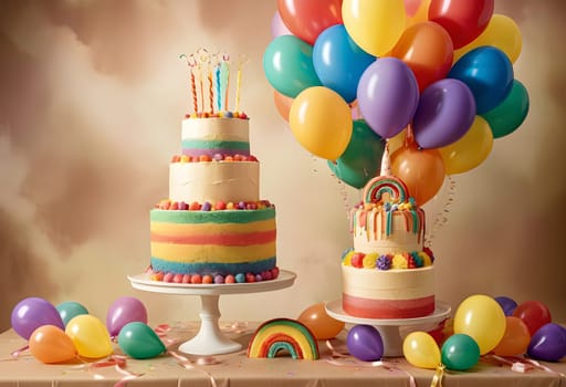 AI generated of two cakes with rainbow decorations, candles and balloons