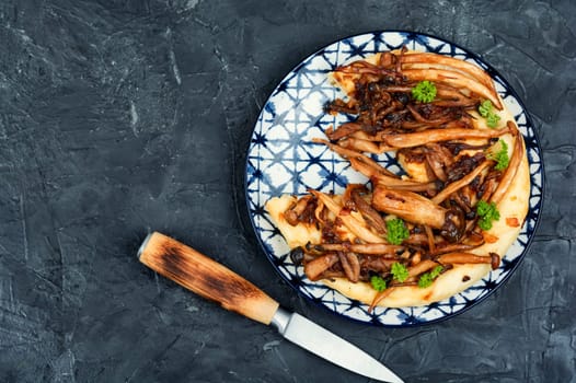 Delicious baked mushroom pie or mushroom galette. Top view
